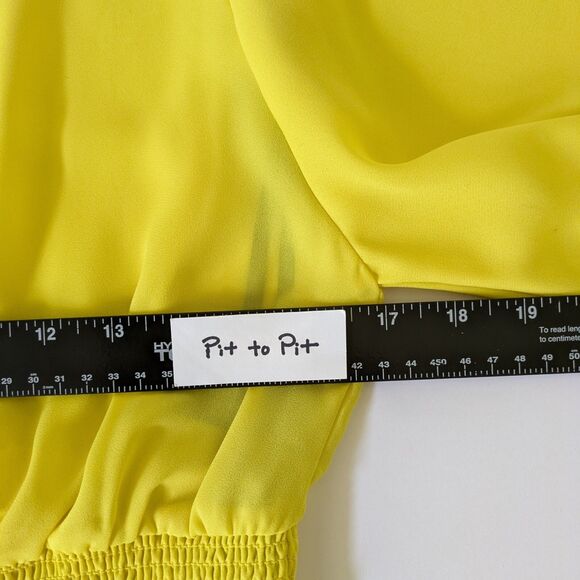 BEBE Yellow Blouse Small Beaded V-Neck Shirred Waist Peasant Top Boho Festival - Picture 13 of 16